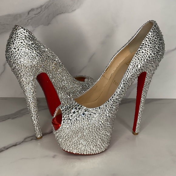 Christian Louboutin Highness AB Strass Crystal Peep Pump Size EU 37.5 / US 7.5 - Picture 8 of 14